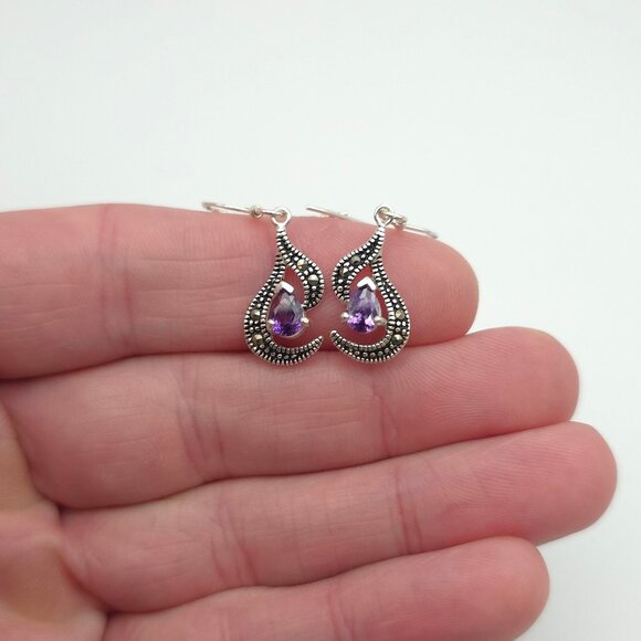 Jewelry - Sterling Silver Cubic Zirconia And Marcasite Gem Earrings A473